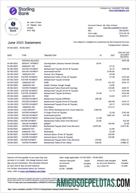 Modelo em branco do extrato bancário Starling do Reino Unido em Word e PDF